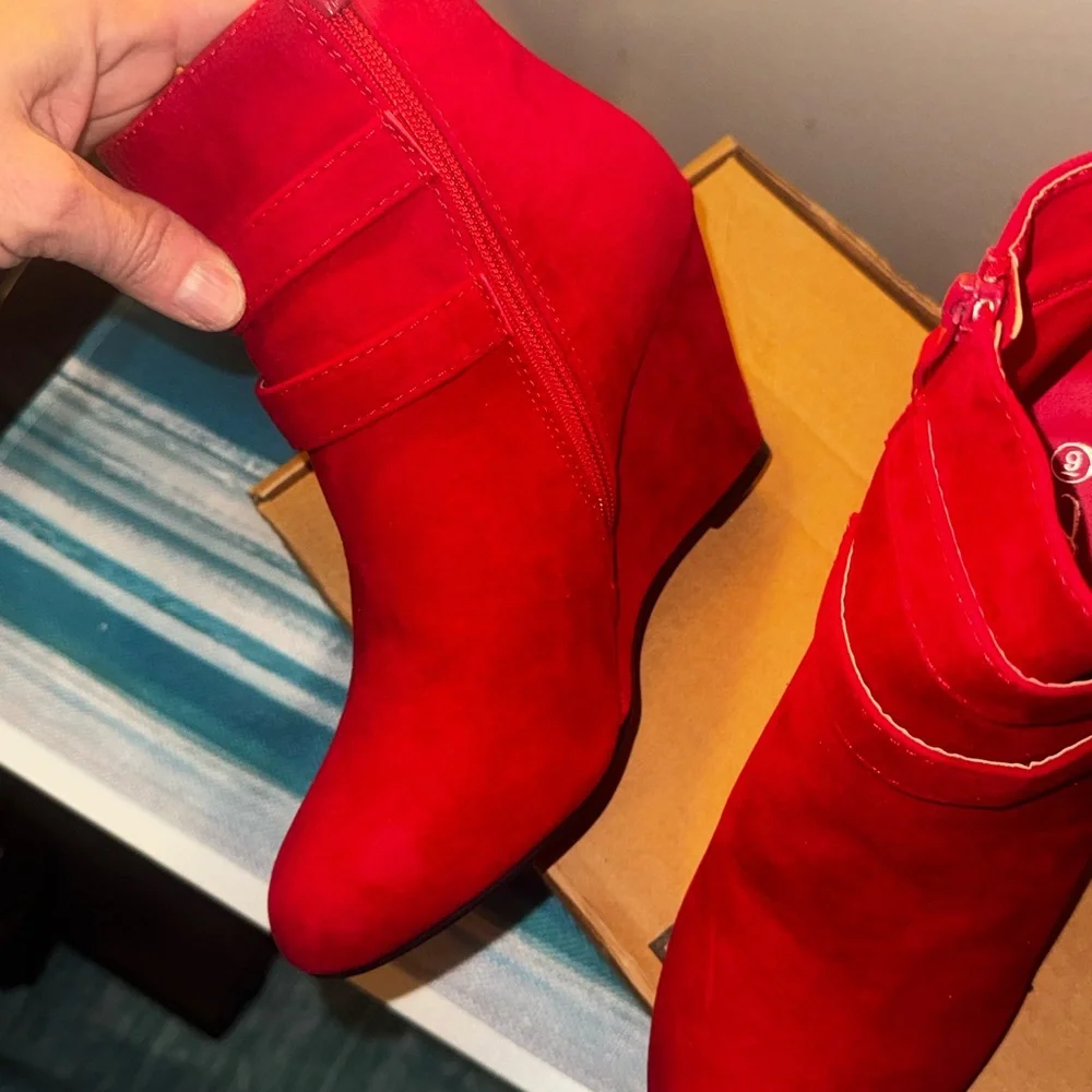 Forever Red Ankle Boots with Gold Accents - Picture 7 of 7